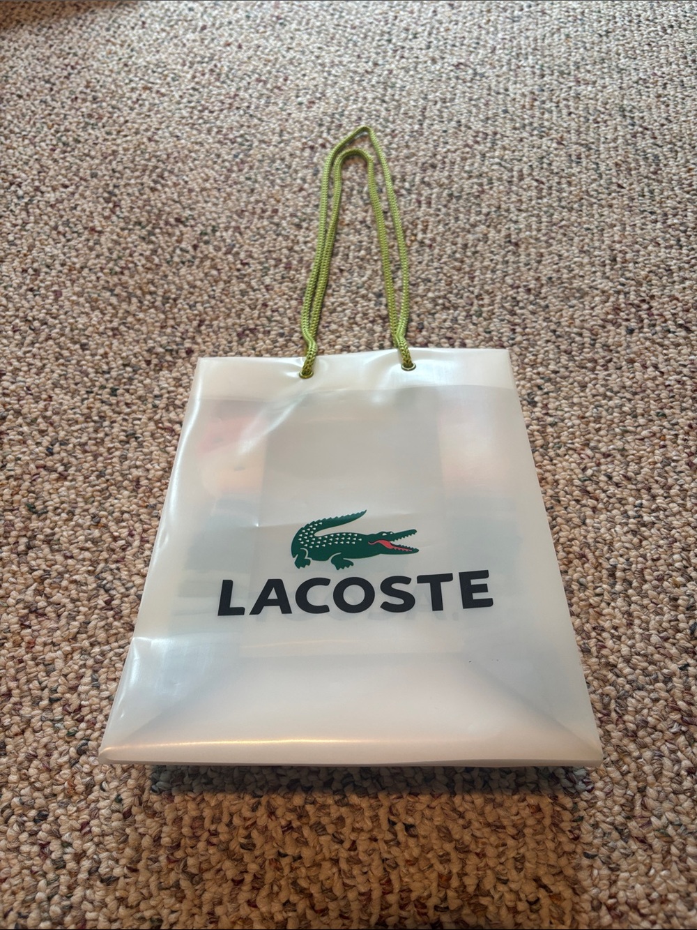 Lacoste White Plastic Tote Bag with Green Crocodile Logo and Green Handles Y2K